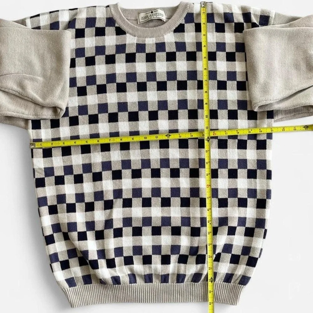 Vintage Men’s John Ashford Golf Tan Checkered Navy Blue White Cotton Sweater